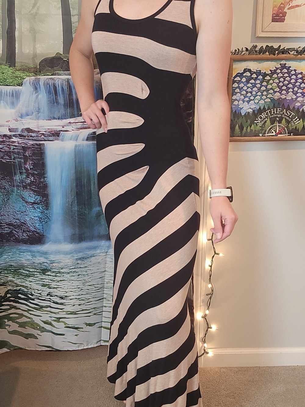 Maxi Dress- Sleeveless Black and Beige Stripe